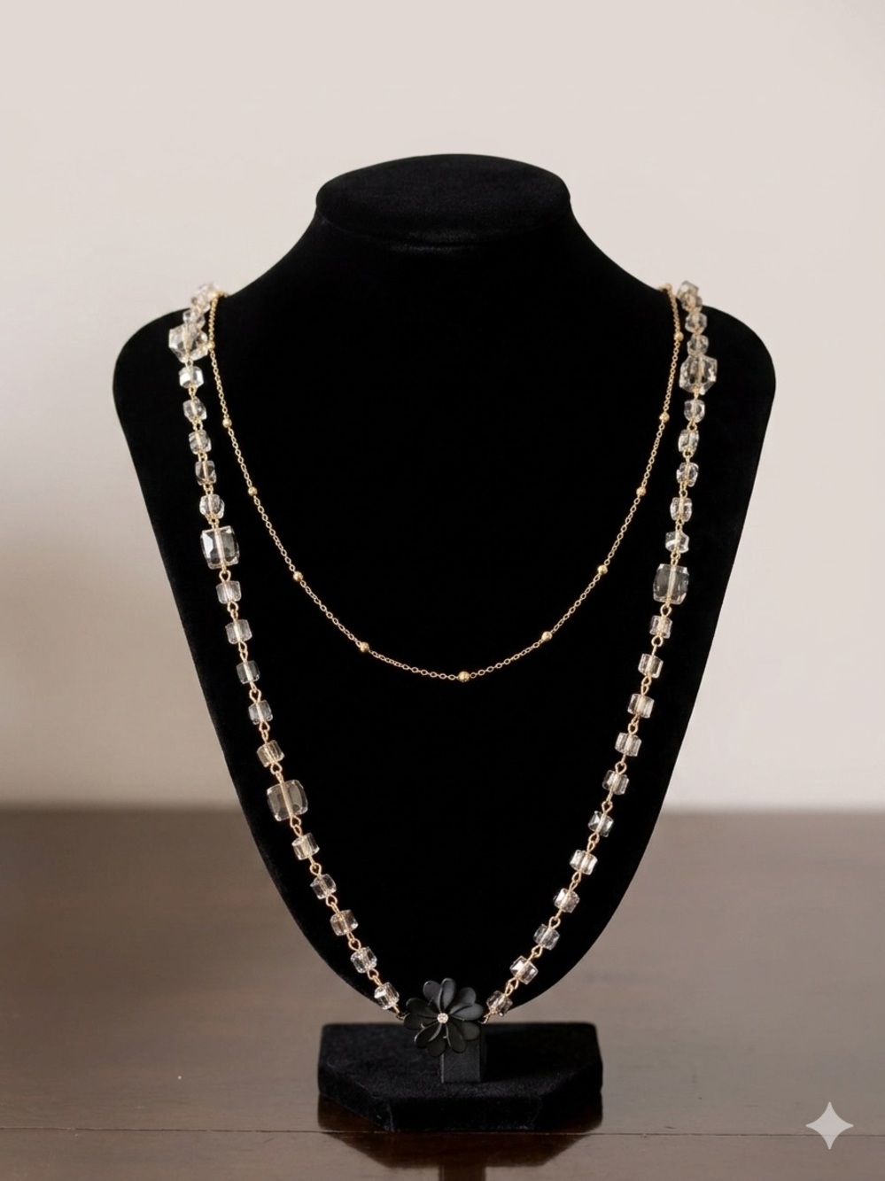NWT Layered Crystal Cube & Black Flower Necklace - 34"